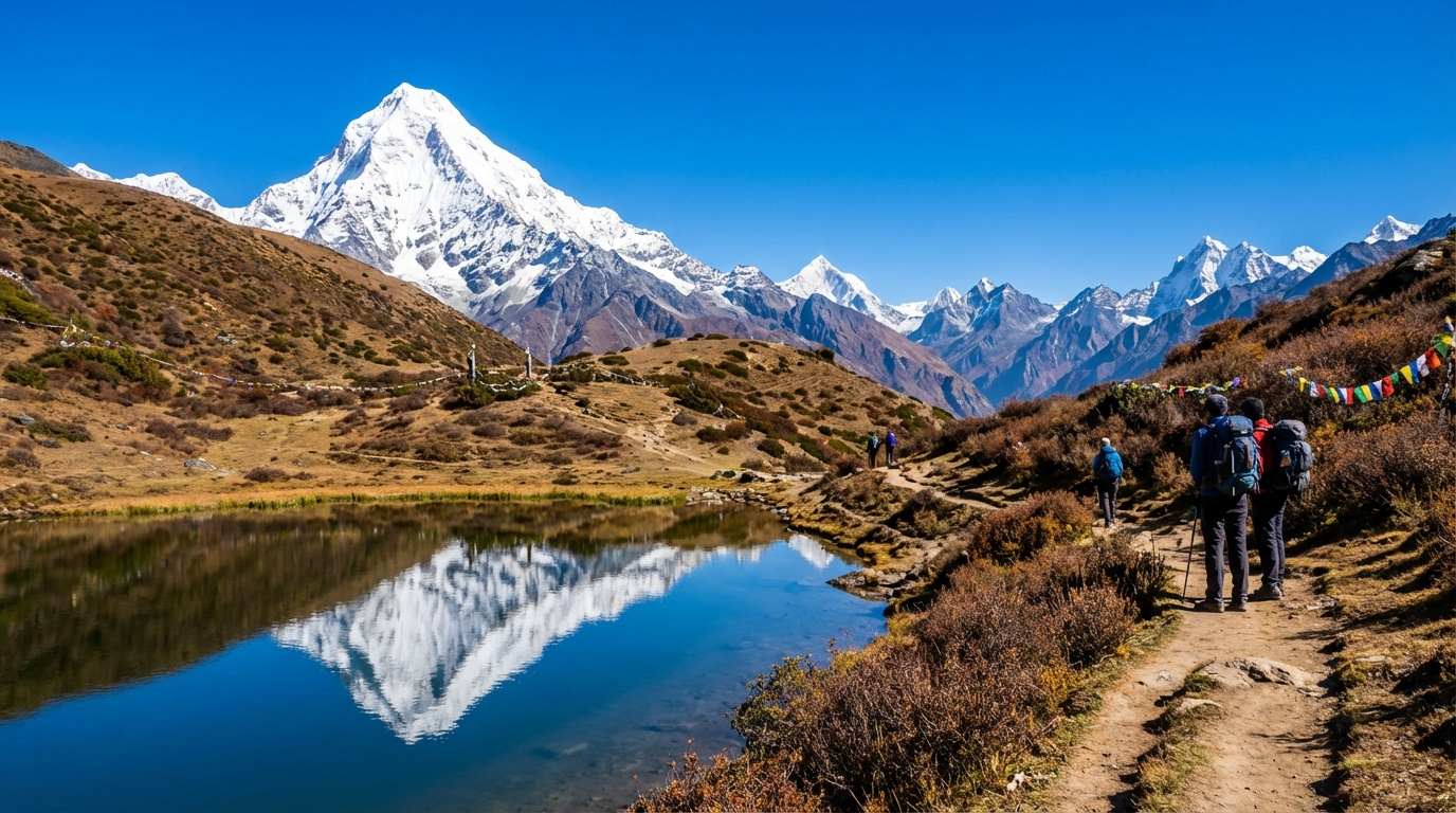 Kristallklarer Blick auf den schneebedeckten Jomolhari (7.326m) vom Druk Path Trek im Oktober - typisch für die exzellente Fernsicht der Herbstmonate