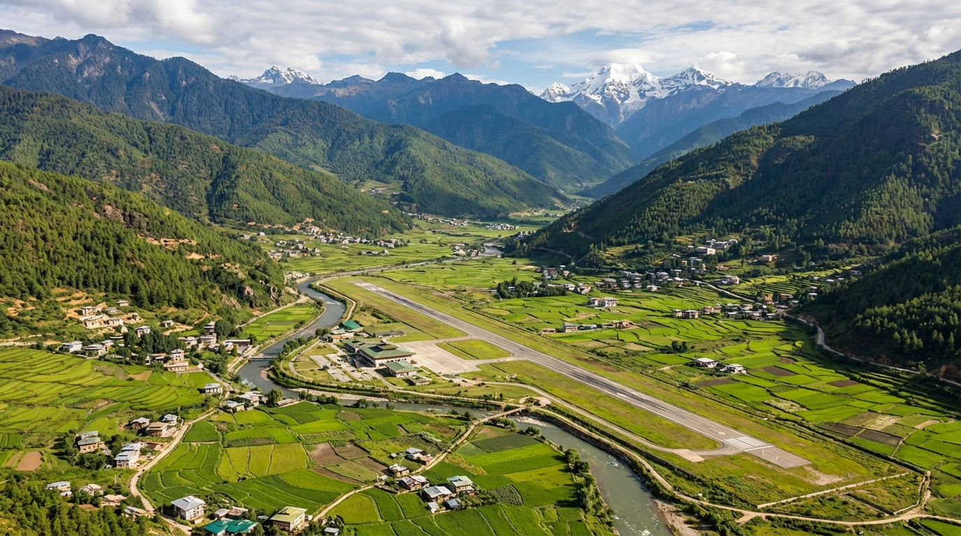 Flughafen Paro von oben: Das Paro-Tal mit der Landebahn zwischen grünen Reisfeldern, umgeben von bewaldeten Bergen und schneebedeckten Himalaya-Gipfeln im Hintergrund