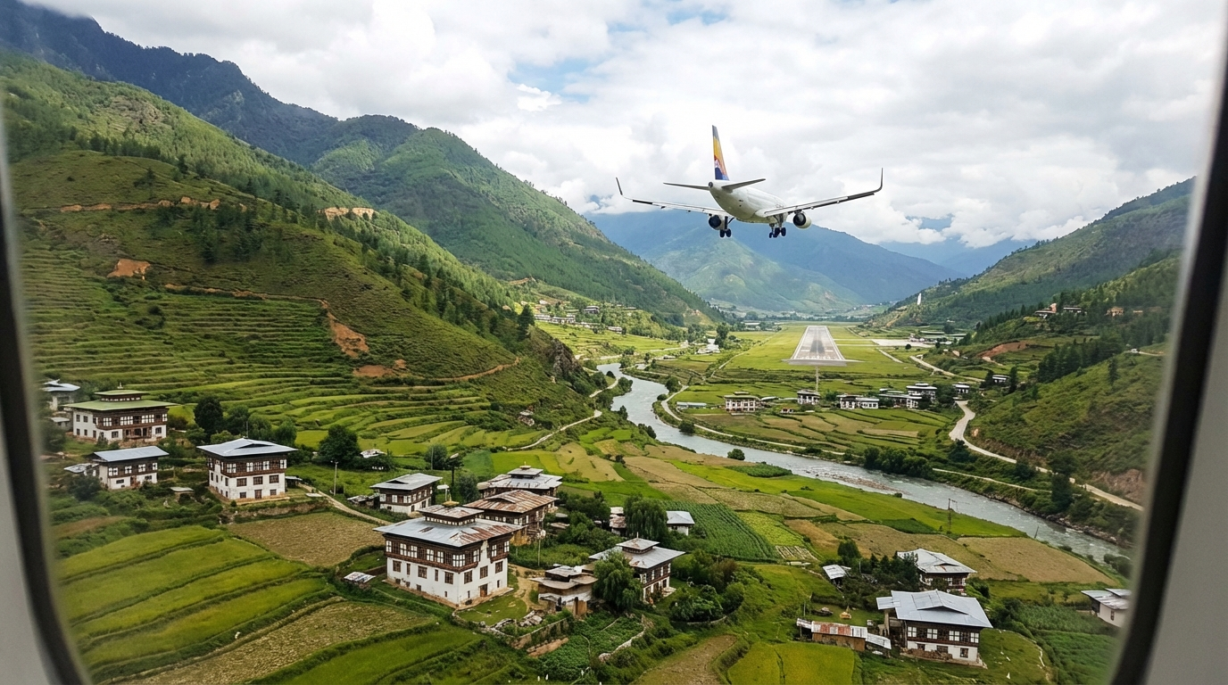 Anflug auf den Flughafen Paro: Flugzeug zwischen grünen Berghängen und traditionellen bhutanischen Häusern im Tal – der spektakuläre Landeanflug durch das Paro-Tal