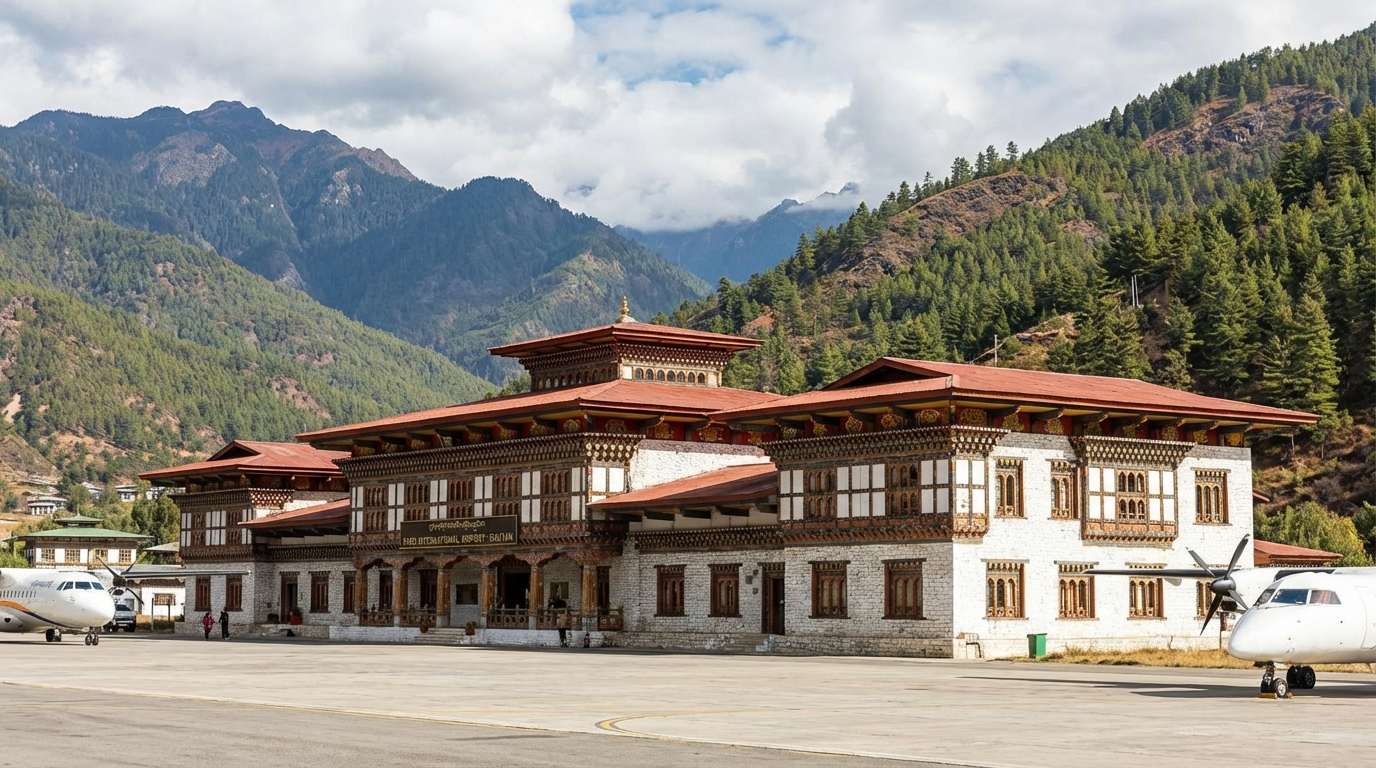 Flughafen Paro in Bhutan: Kleines Terminalgebäude im traditionellen bhutanischen Baustil mit bunten Holzverzierungen, umgeben von Bergen