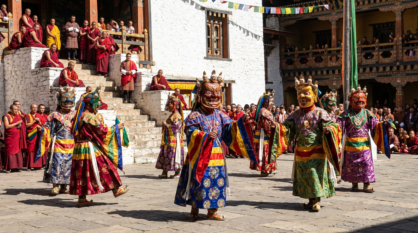 Maskentänzer in bunten traditionellen Kostümen beim Paro Tshechu - eines der größten religiösen Festivals Bhutans im März oder April