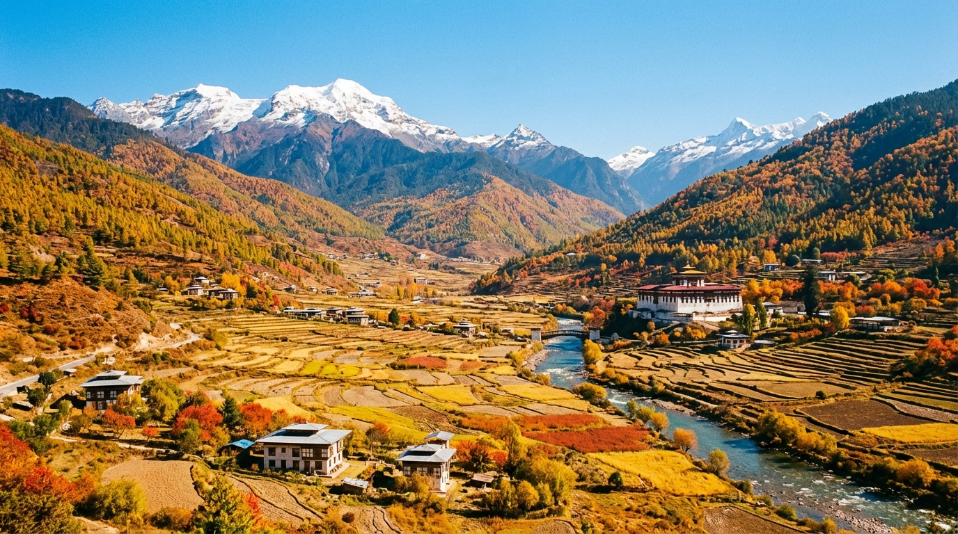Panoramablick über das Paro-Tal im Herbst mit schneebedeckten Himalaya-Gipfeln im Hintergrund und klarem blauem Himmel - typisch für die beste Reisezeit im Oktober