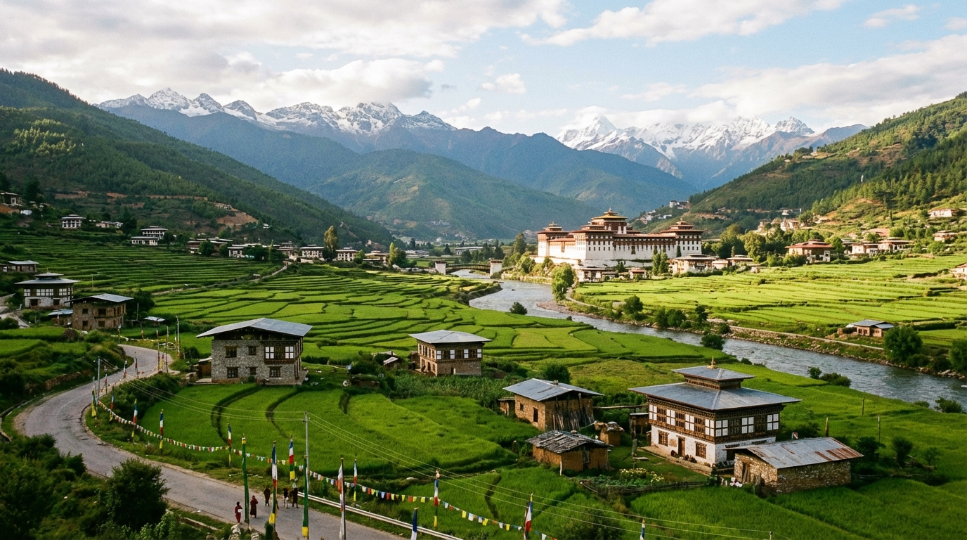 Panoramablick auf das Paro-Tal in Bhutan mit traditionellen Häusern, grünen Reisfeldern und schneebedeckten Himalaya-Gipfeln im Hintergrund – der typische erste Eindruck bei der Ankunft in Bhutan