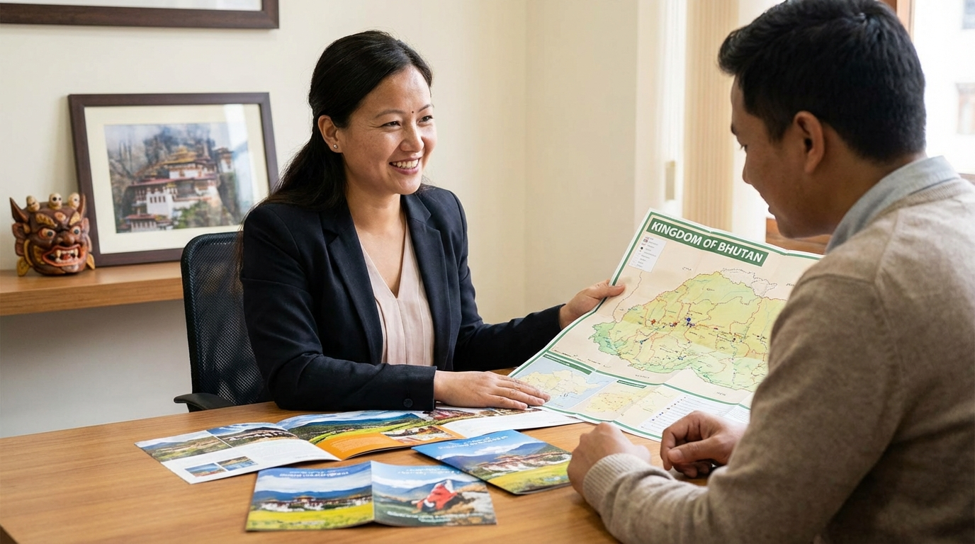 Reiseberater im Gespräch mit Kunden, Bhutan-Landkarte und Reiseunterlagen auf dem Tisch