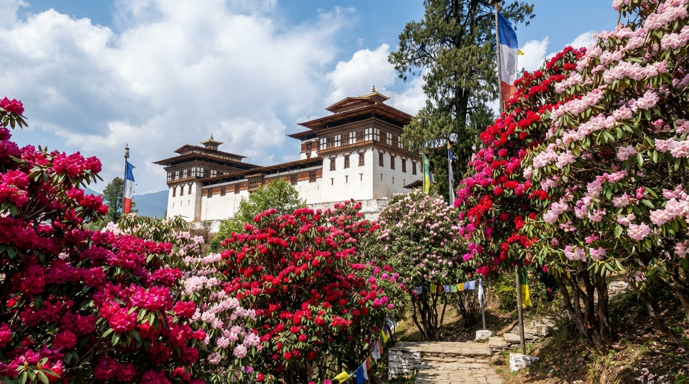 Blühende Rhododendren in leuchtenden Rosa- und Rottönen vor dem Hintergrund eines bhutanischen Dzongs im April - Höhepunkt der Rhododendron-Blüte
