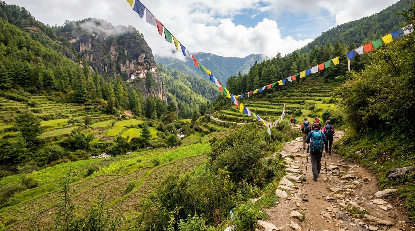Wanderweg durch das Paro-Tal mit Blick auf das Tigernest-Kloster in der Ferne