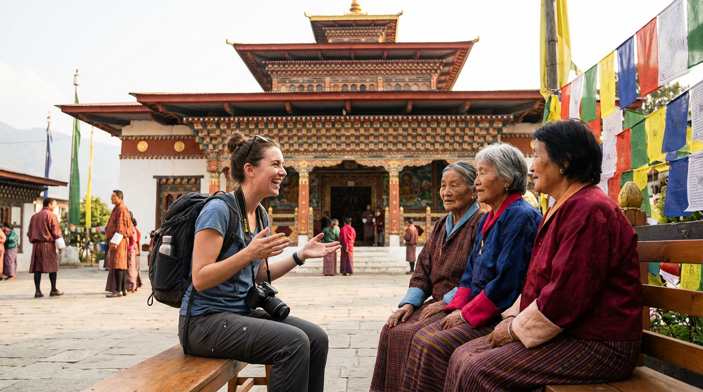 Alleinreisende Touristin im Gespräch mit bhutanischen Frauen vor einem bunten Tempel – zeigt die entspannte und sichere Atmosphäre für weibliche Reisende