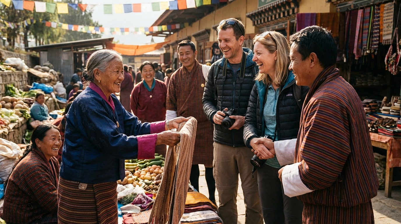 Freundliche Begegnung zwischen Einheimischen und Touristen auf dem Markt in Thimphu