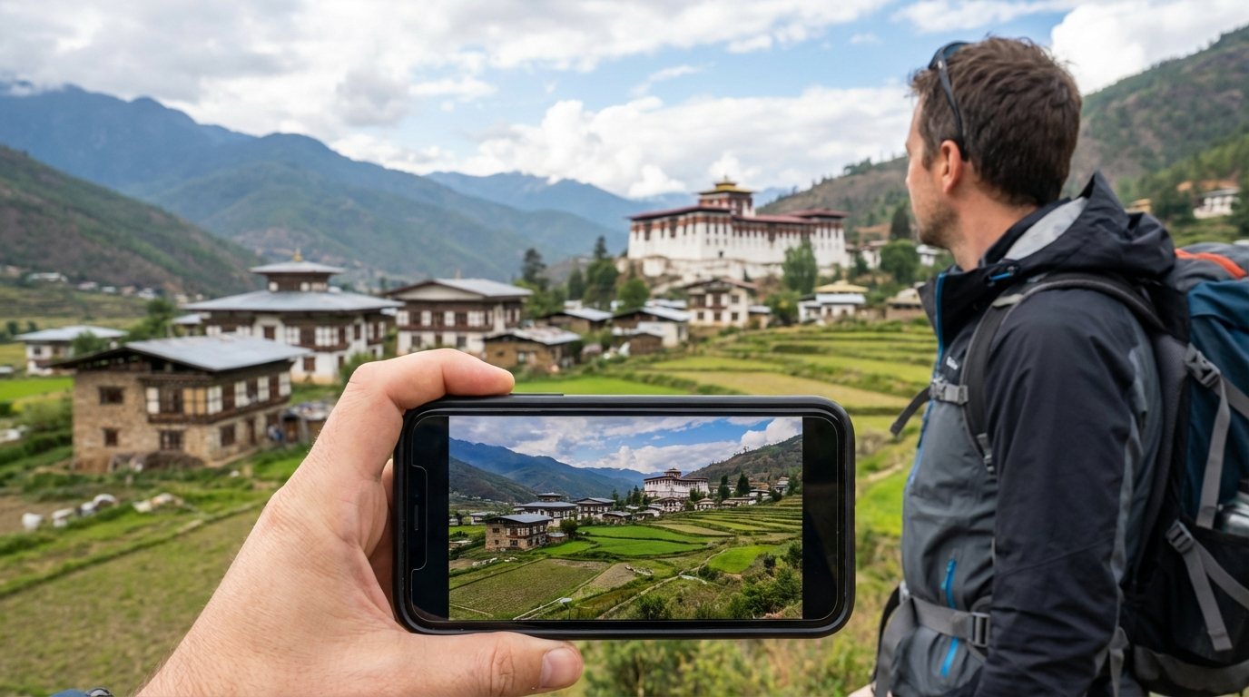 Reisender mit Smartphone vor dem Panorama des Paro-Tals