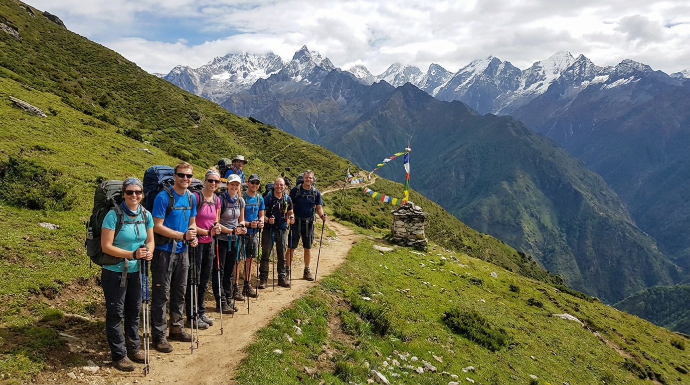 Trekking-Gruppe auf Bergpfad in Bhutan mit Blick auf schneebedeckte Himalaya-Gipfel