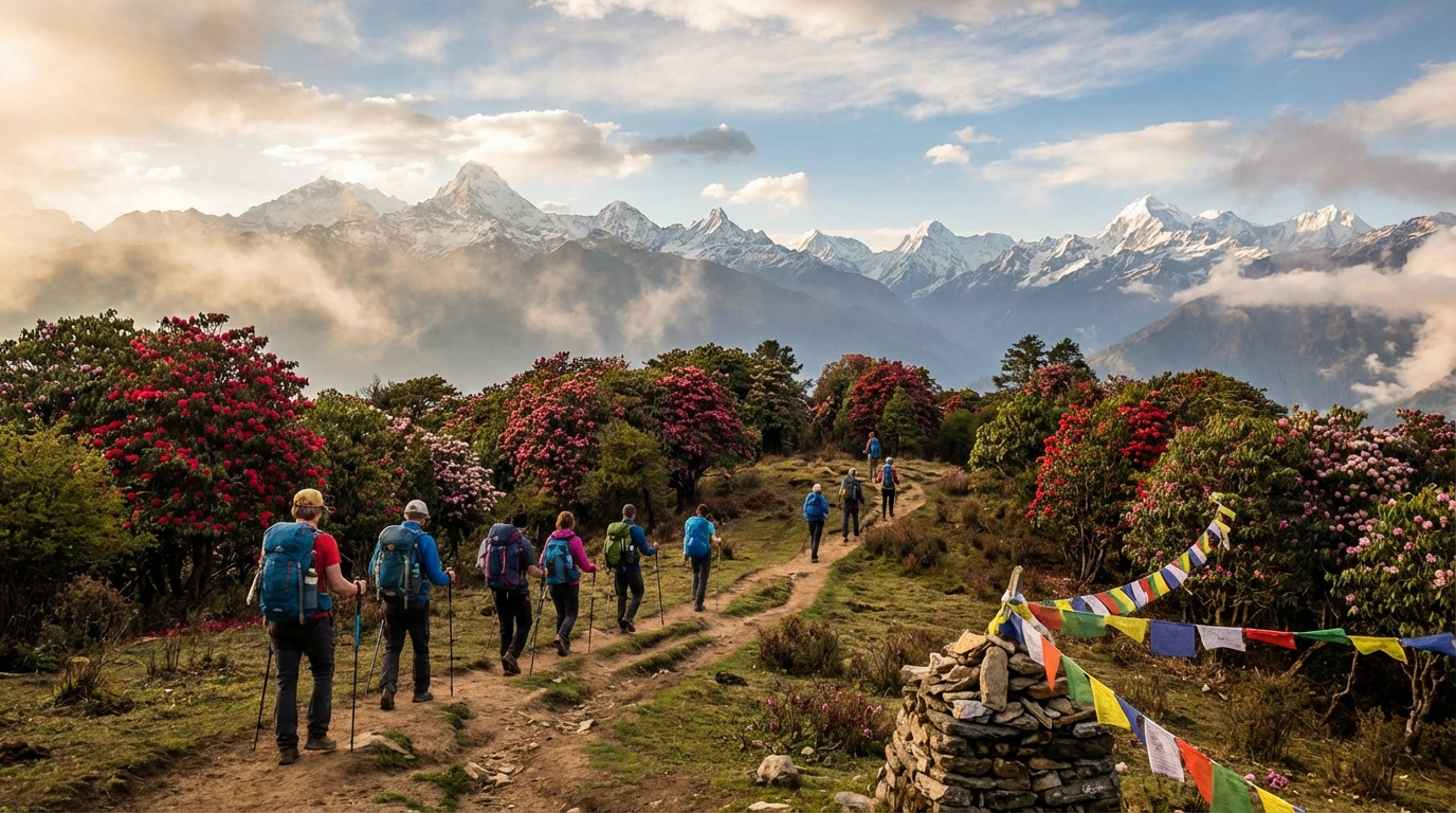 Wanderer auf dem Druk Path Trek mit Blick auf Himalaya-Gipfel