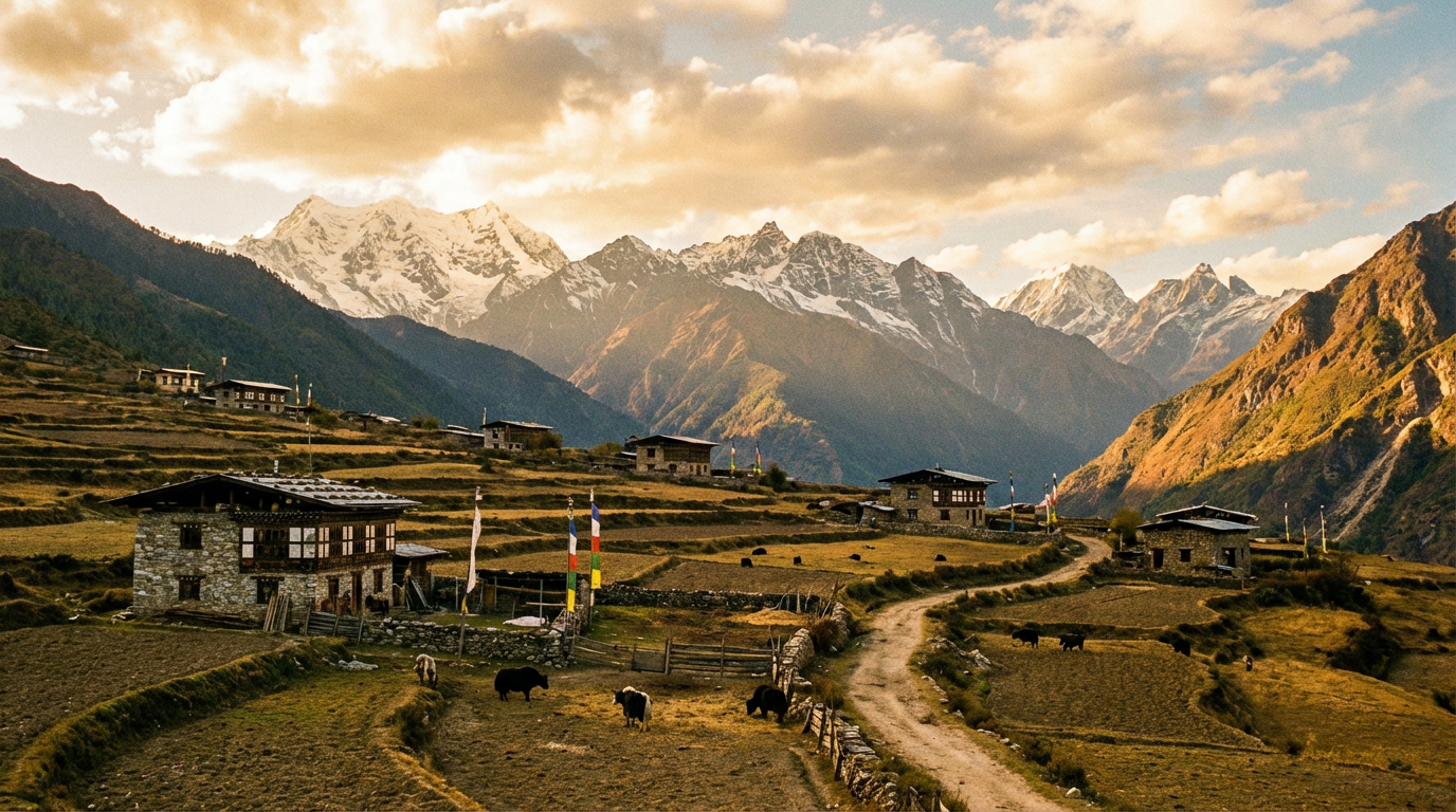 Panoramablick über das abgelegene Merak-Tal in Ostbhutan mit traditionellen Steinhäusern der Brokpa und schneebedeckten Himalaya-Gipfeln im Hintergrund