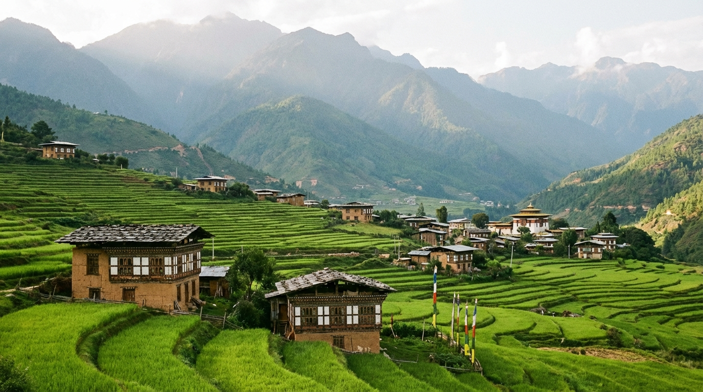 Landschaft in Ostbhutan mit terrassierten Reisfeldern und traditionellen Häusern