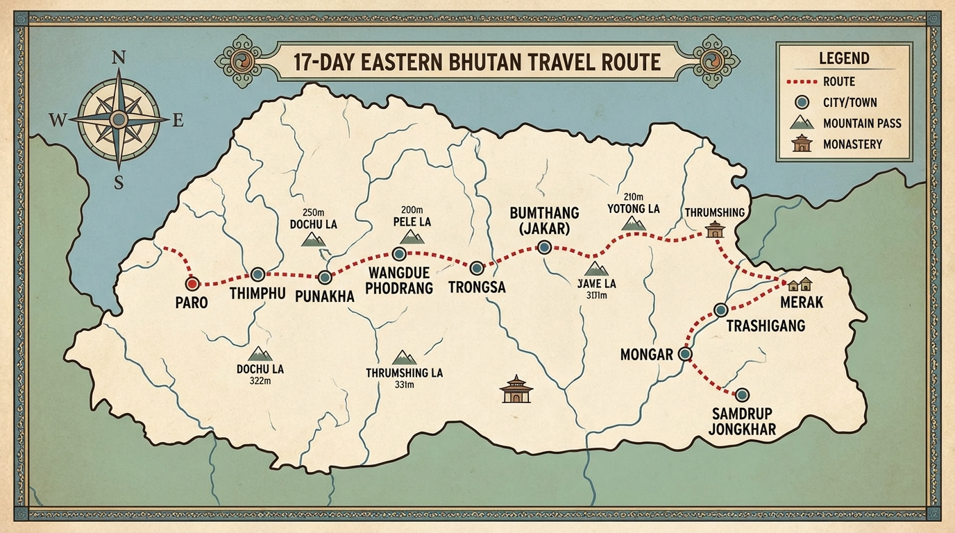Kartenansicht der 17-tägigen Ostbhutan-Route mit eingezeichnetem Weg von Paro über Bumthang nach Trashigang und Merak, zurück über die Zentralroute