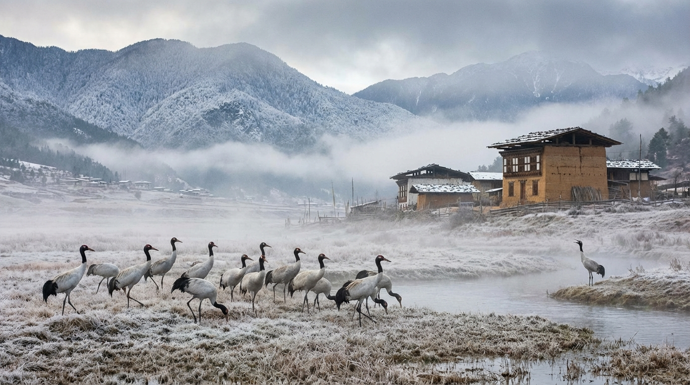 Schwarzhalskraniche im Phobjikha-Tal - Highlight der 10-14-Tage-Route