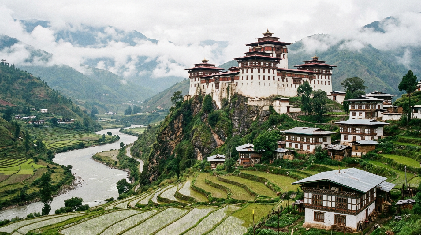 Trashigang Dzong thront auf einem Hügel über dem Flusstal, umgeben von terrassierten Feldern und traditionellen bhutanischen Häusern