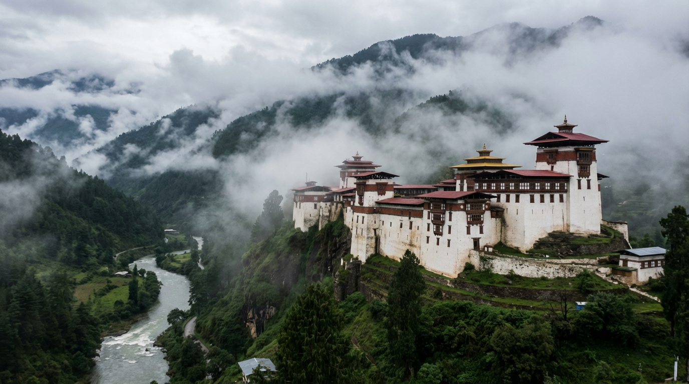 Trongsa Dzong in Nebelschwaden - die mächtigste Festung Bhutans