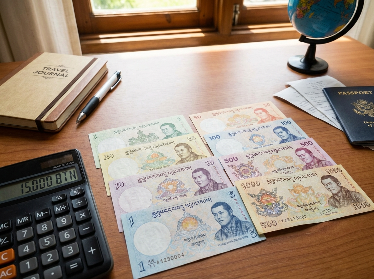Bhutanische Ngultrum-Geldscheine und Taschenrechner