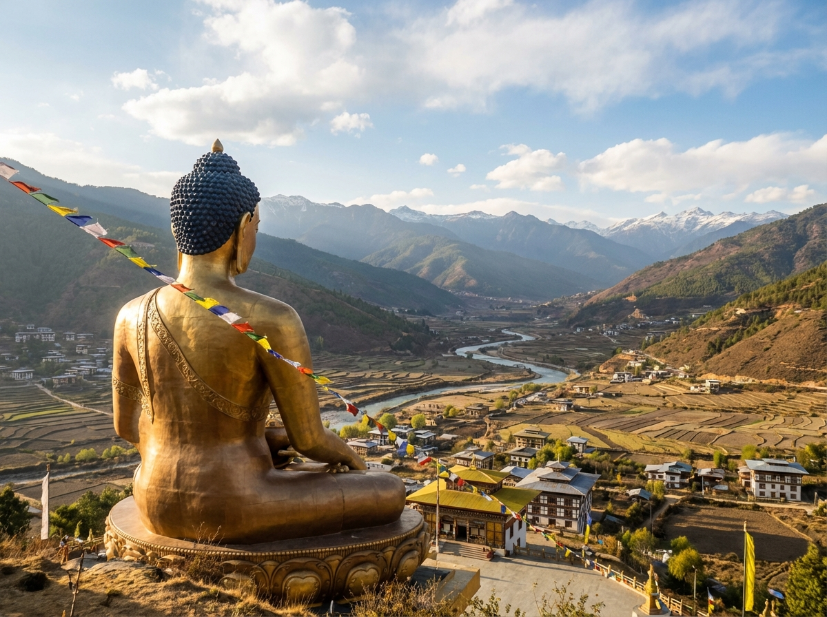 Goldene Buddha Dordenma Statue auf einem Hügel über dem Thimphu-Tal