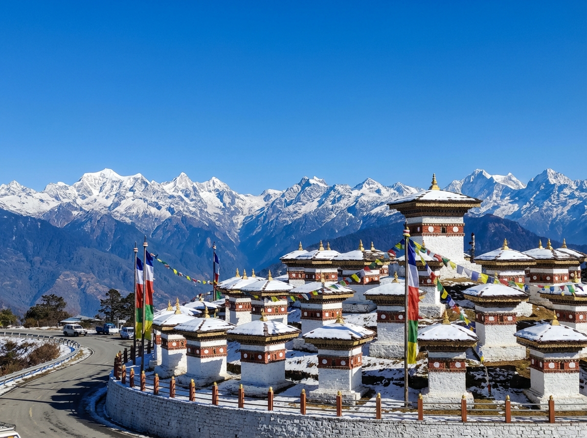 108 weiße Chortens auf dem Dochula Pass vor schneebedeckten Himalaya-Gipfeln
