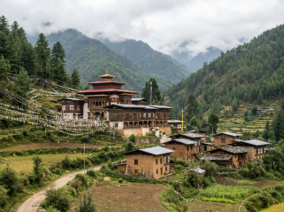 Abgelegenes Kloster in Ostbhutan mit traditioneller Architektur