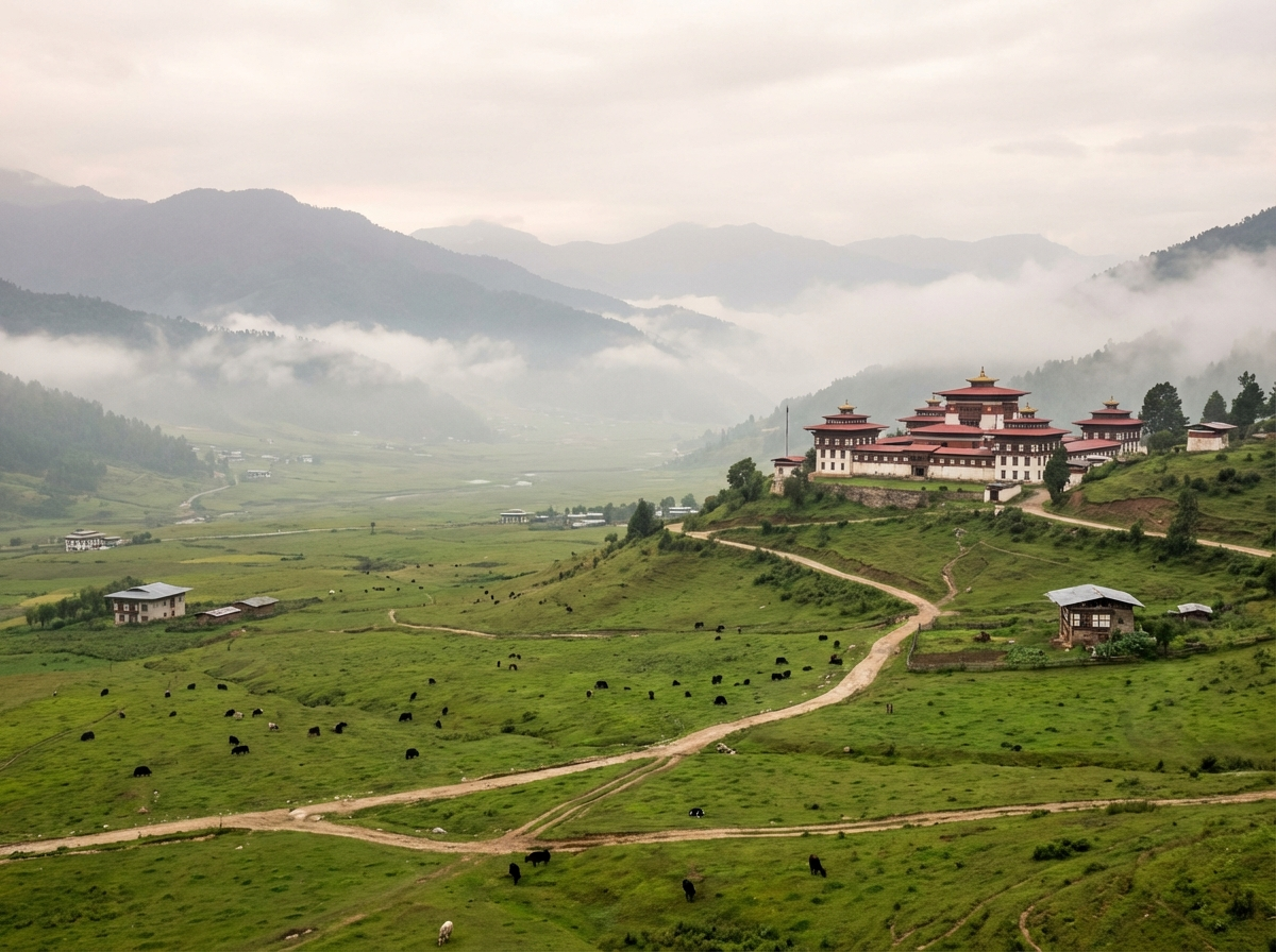 Gangtey-Kloster im Phobjikha-Tal mit grünen Wiesen und Bergpanorama