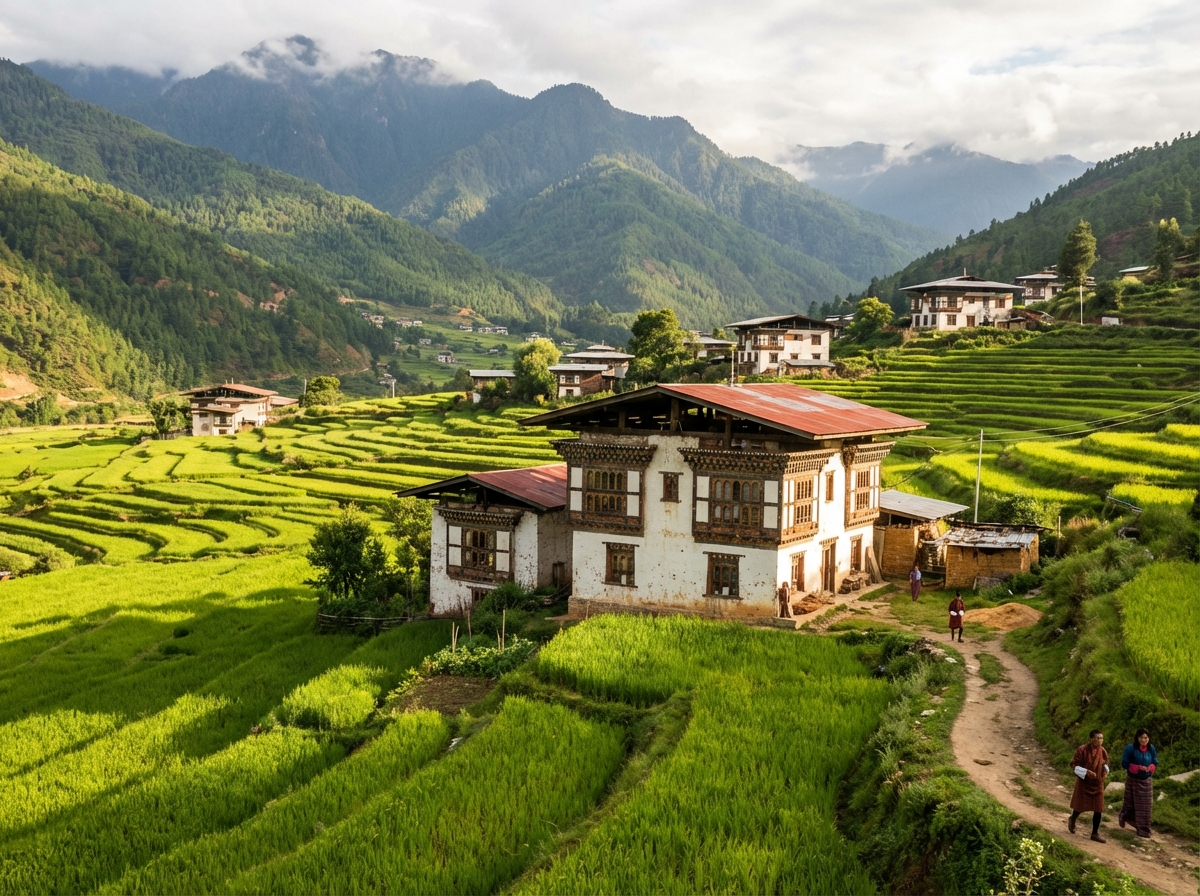 Paro-Tal mit traditionellen Häusern und Reisfeldern