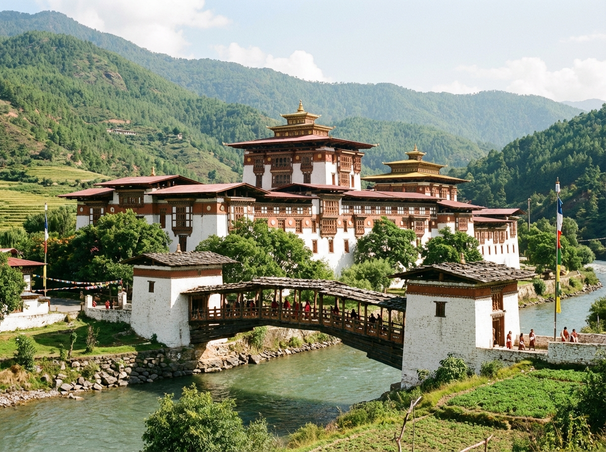Punakha Dzong am Flusszusammenfluss, weiße Mauern und rote Holzbalkone