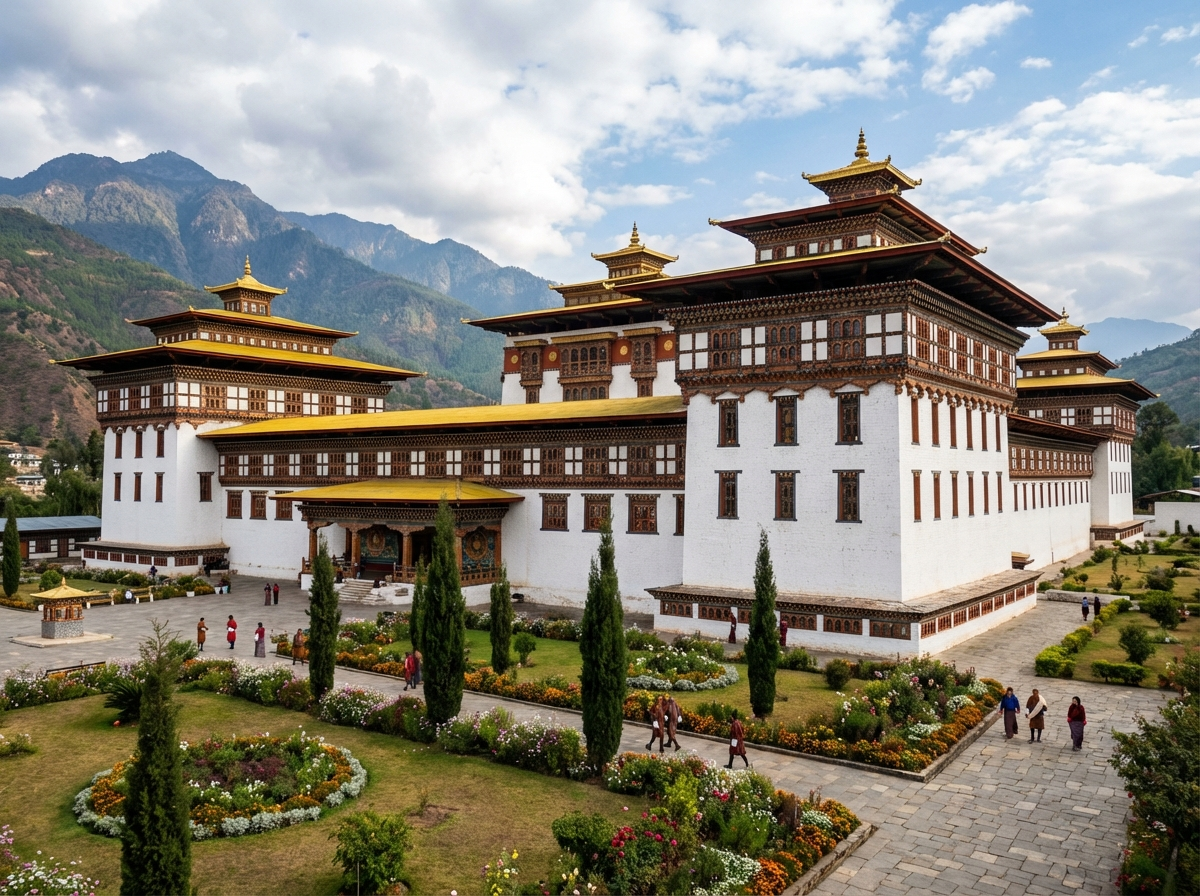Tashichho Dzong in Thimphu, weiße Festungsmauern und goldene Dächer