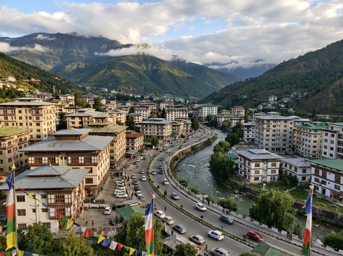 Thimphu Stadtansicht mit modernen Gebäuden und Bergen im Hintergrund