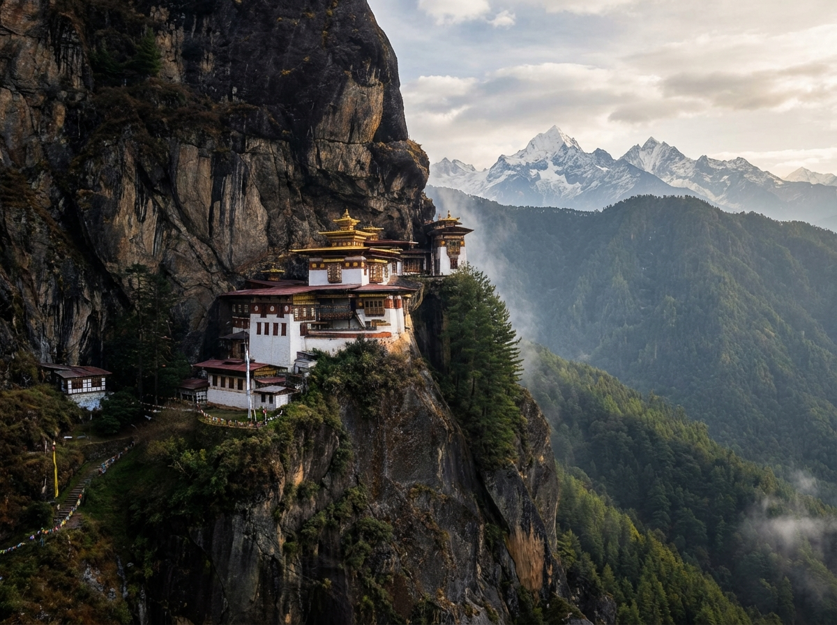Tigernest-Kloster an der steilen Felswand bei Paro, umgeben von Wald