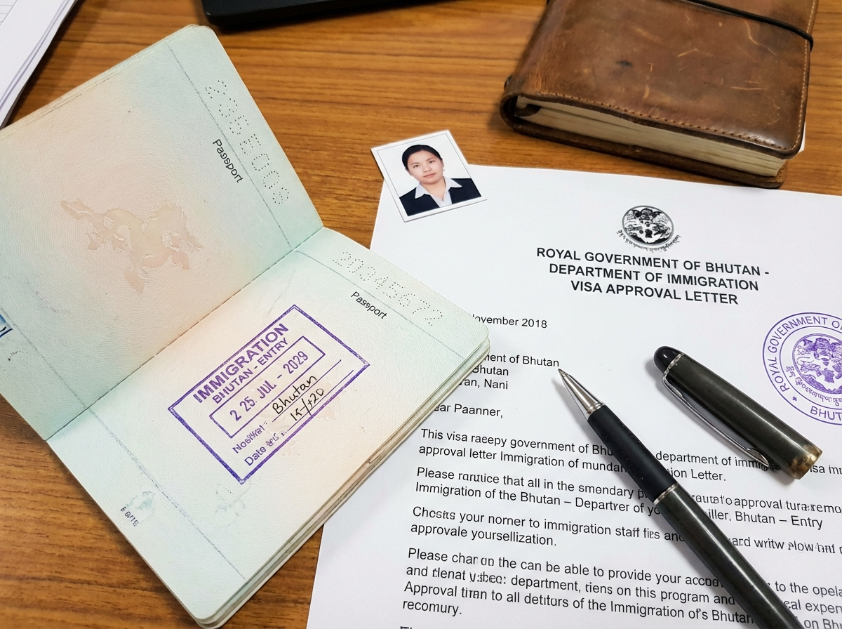 Bhutanischer Pass-Stempel und Visum-Dokumente auf einem Schreibtisch