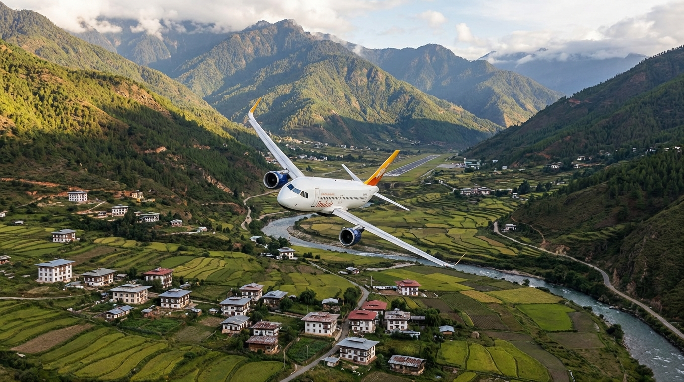 Spektakulärer Anflug auf den Flughafen Paro: Flugzeug zwischen grünen Himalaya-Bergen im engen Paro-Tal, traditionelle bhutanische Häuser im Vordergrund