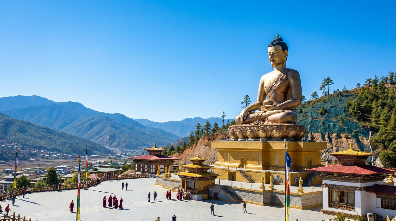 Buddha Dordenma Statue in Thimphu: 51 Meter hohe goldene Buddha-Statue auf einem Hügel mit Panoramablick über das Thimphu-Tal und die umliegenden Berge