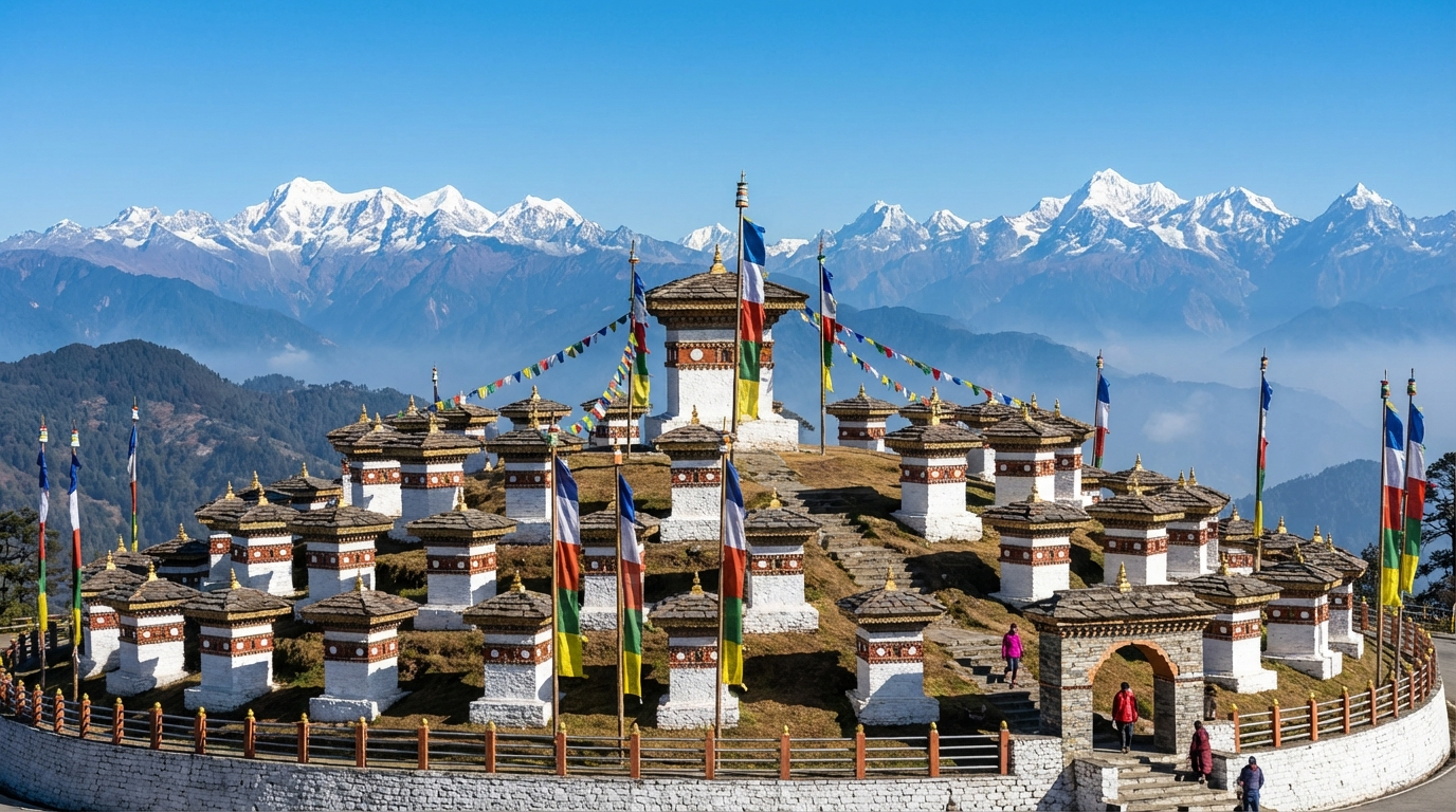 Dochula Pass mit 108 weißen Chortens (Druk Wangyal Chortens) vor schneebedeckten Himalaya-Gipfeln bei klarem Himmel, bunte Gebetsfahnen im Wind
