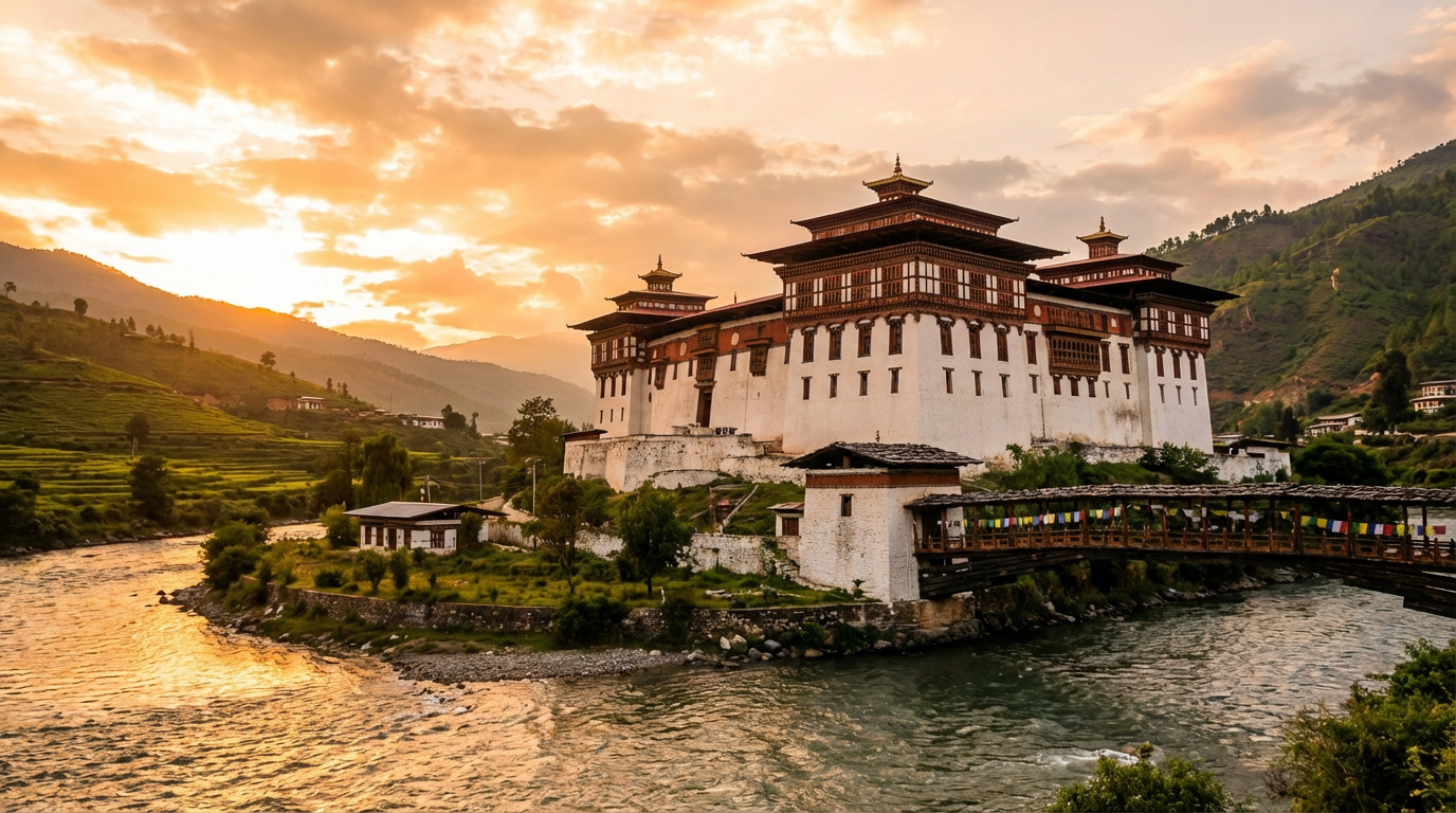 Punakha Dzong bei Sonnenuntergang: Die massive weiße Klosterfestung mit roten Holzbalkonen am Zusammenfluss zweier Flüsse, umgeben von grünen Hügeln