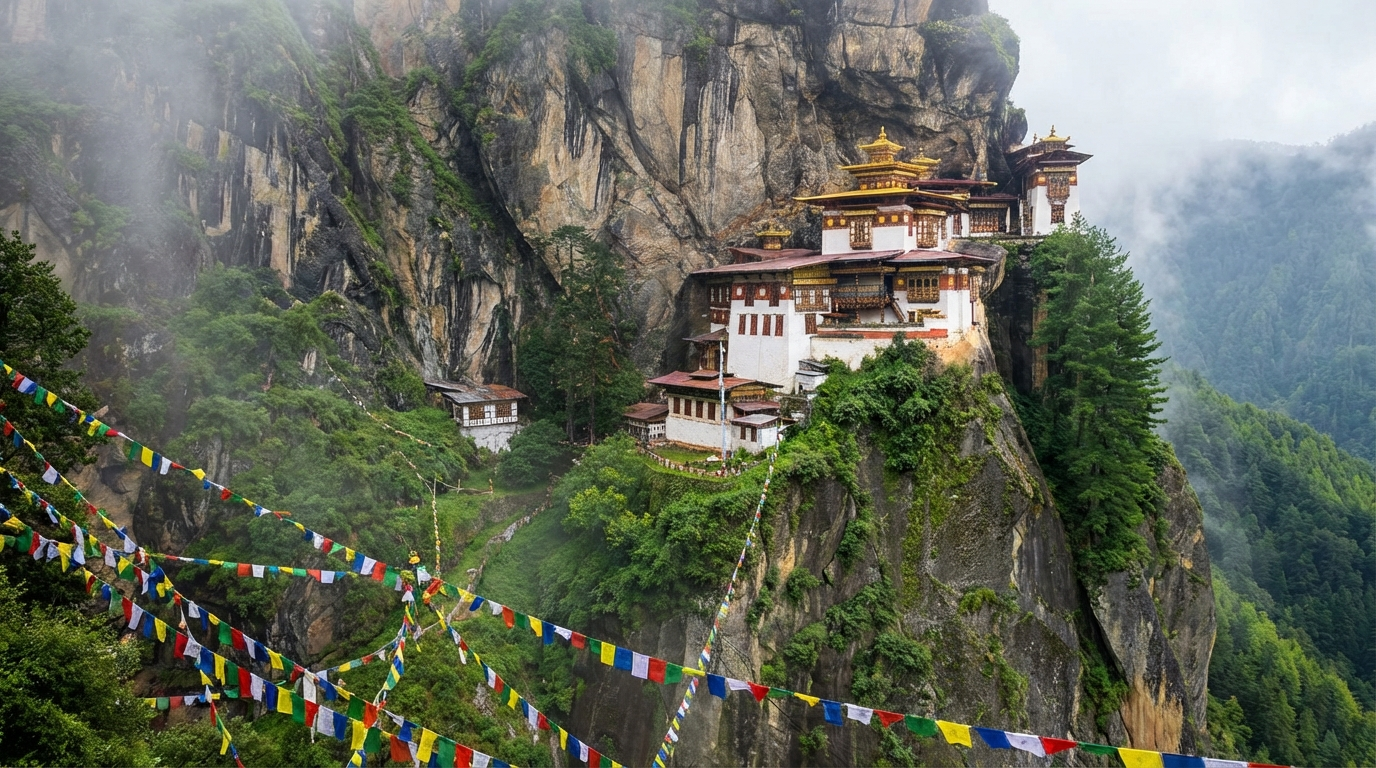 Tigernest-Kloster (Paro Taktsang): Das ikonische weiße Kloster mit goldenen Dächern klebt an einer steilen Felswand, umgeben von Kiefernwald, Gebetsfahnen im Vordergrund