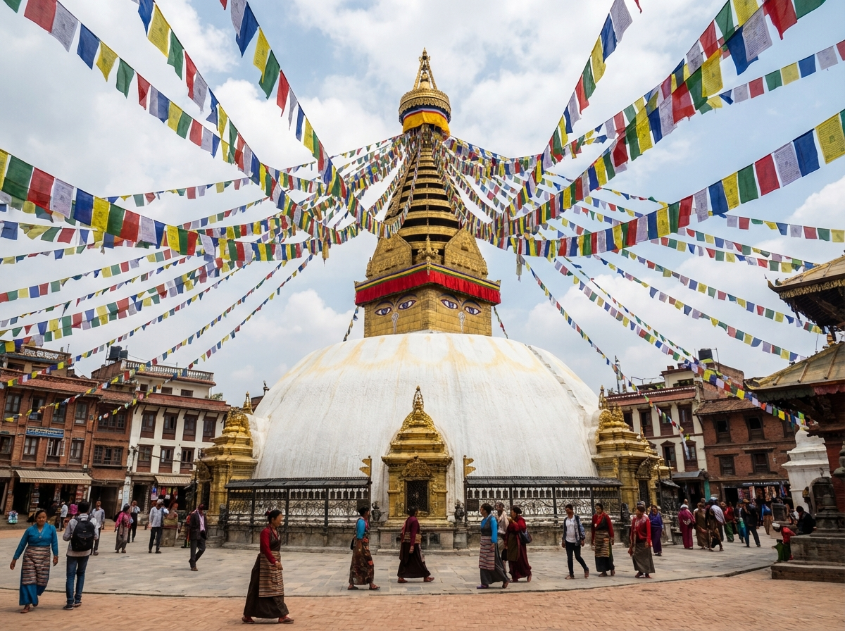Boudhanath Stupa in Kathmandu mit Gebetsfahnen