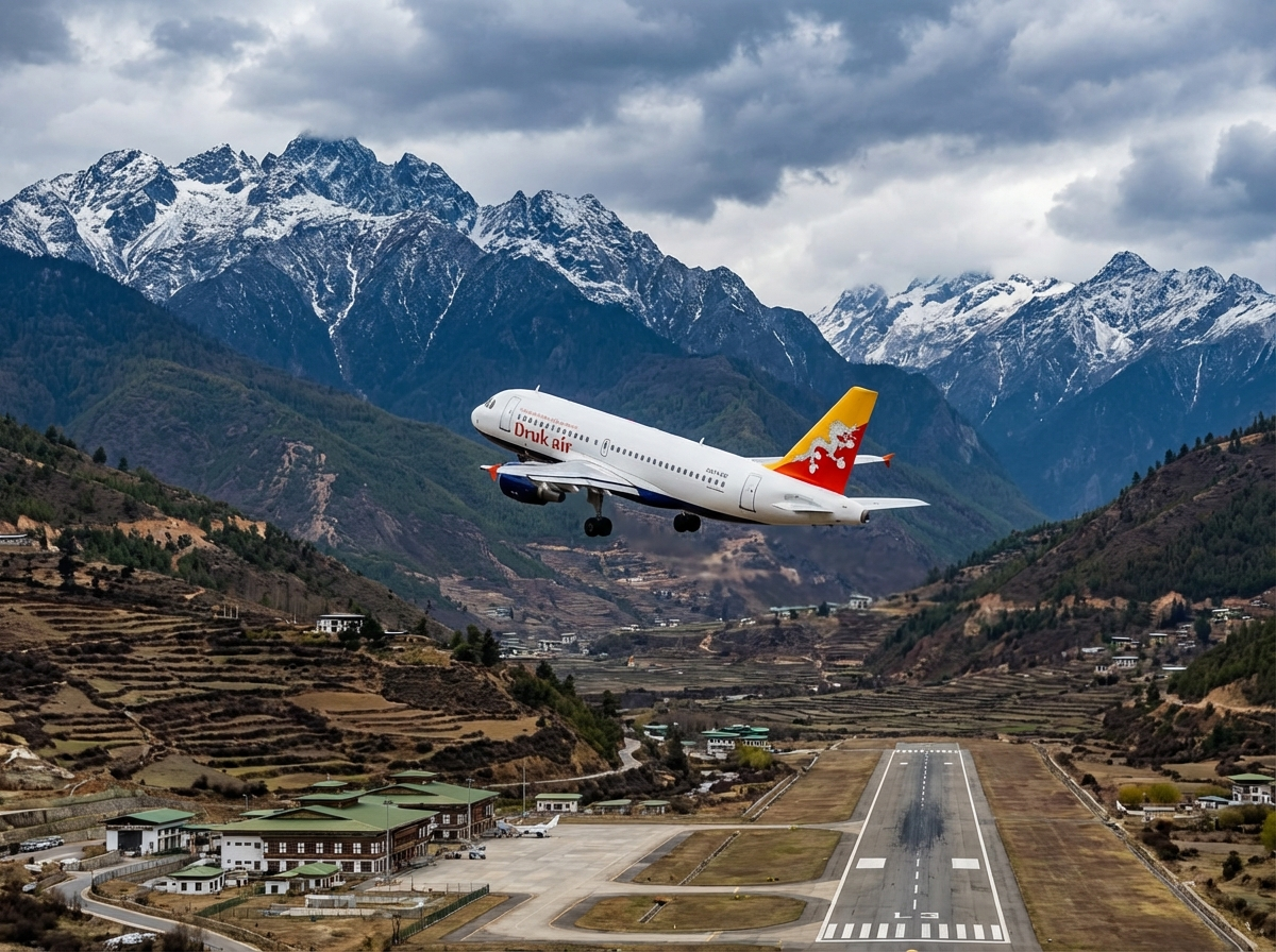Druk Air Flugzeug im Anflug auf Paro mit Himalaya-Bergen im Hintergrund