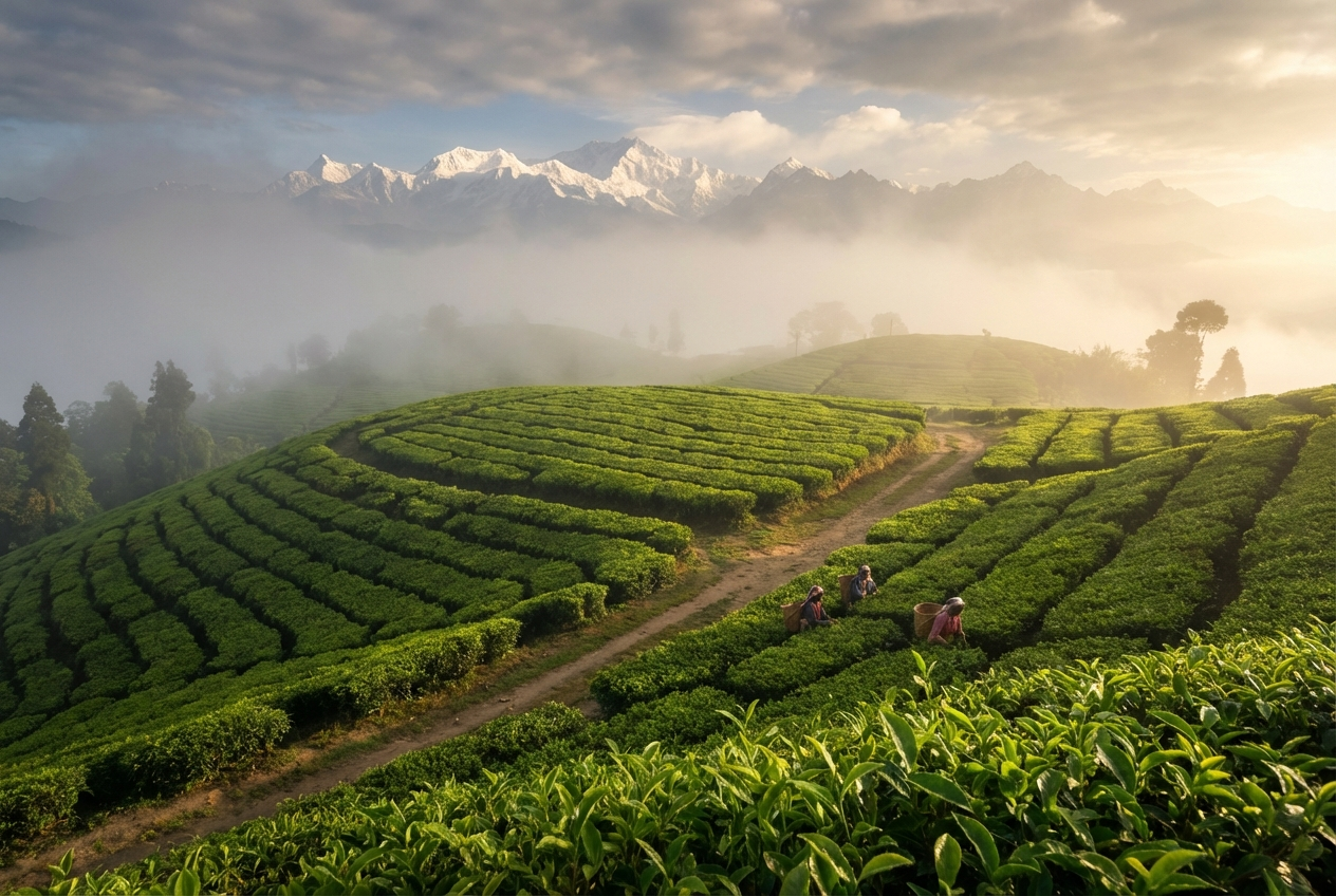 Darjeeling Teeplantagen: Sattgrüne Teesträucher in geometrischen Reihen auf einem Hügel, im Hintergrund schneebedeckte Himalaya-Gipfel