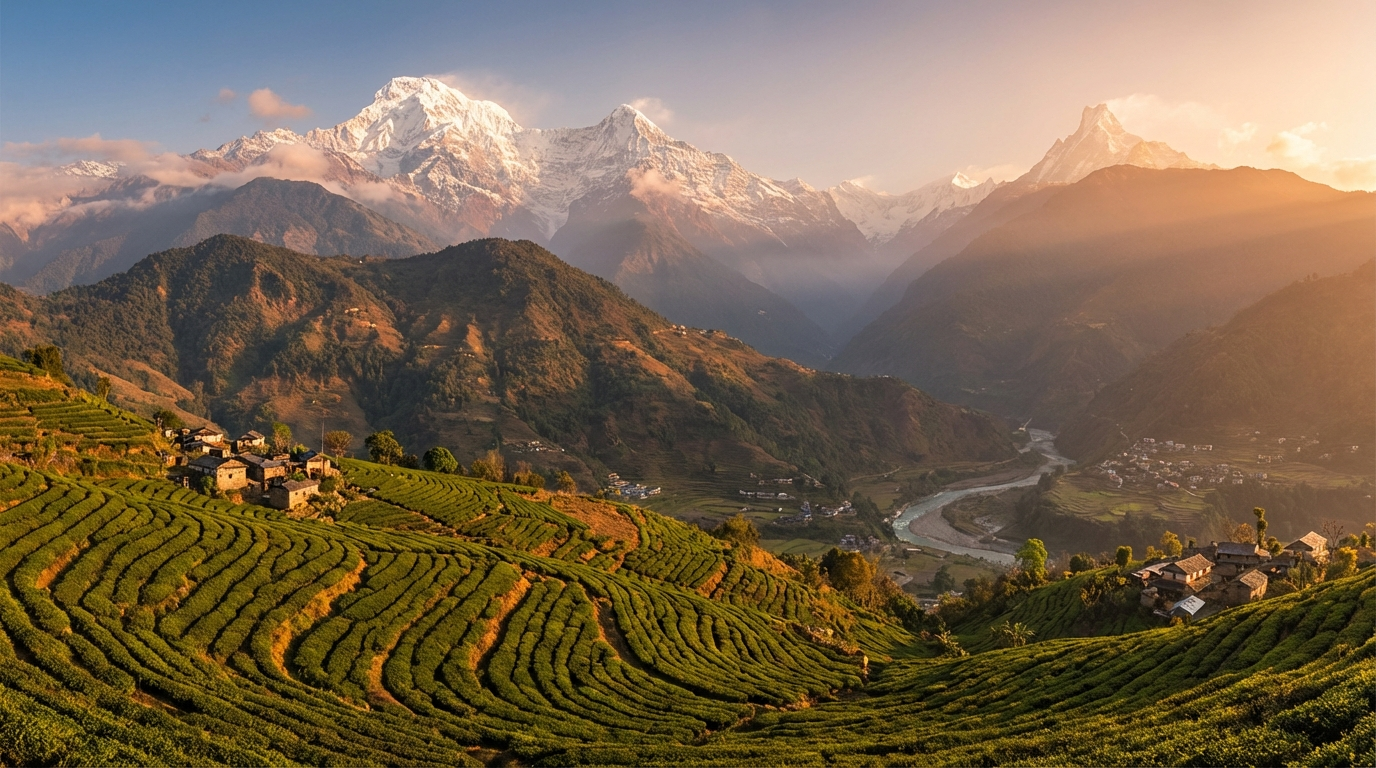 Panoramablick über die Himalaya-Bergkette an der Grenze zwischen Indien und Bhutan mit grünen Teeplantagen im Vordergrund und schneebedeckten Gipfeln im Hintergrund