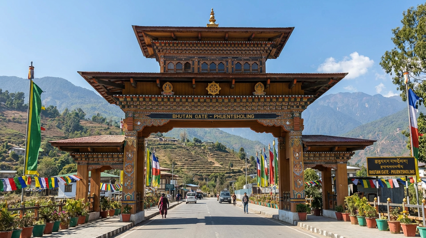 Der Grenzübergang Phuentsholing zwischen Indien und Bhutan: Ein großes Tor im bhutanischen Stil markiert die Grenze, dahinter beginnen die Berge