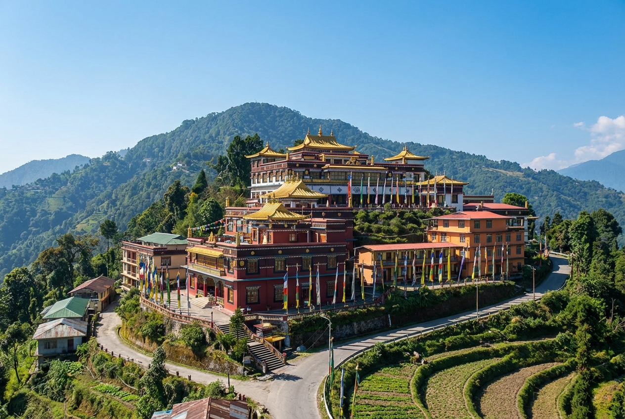 Rumtek Monastery in Sikkim: Farbenfrohe tibetische Klosteranlage mit Gebetsfahnen auf einem Bergrücken