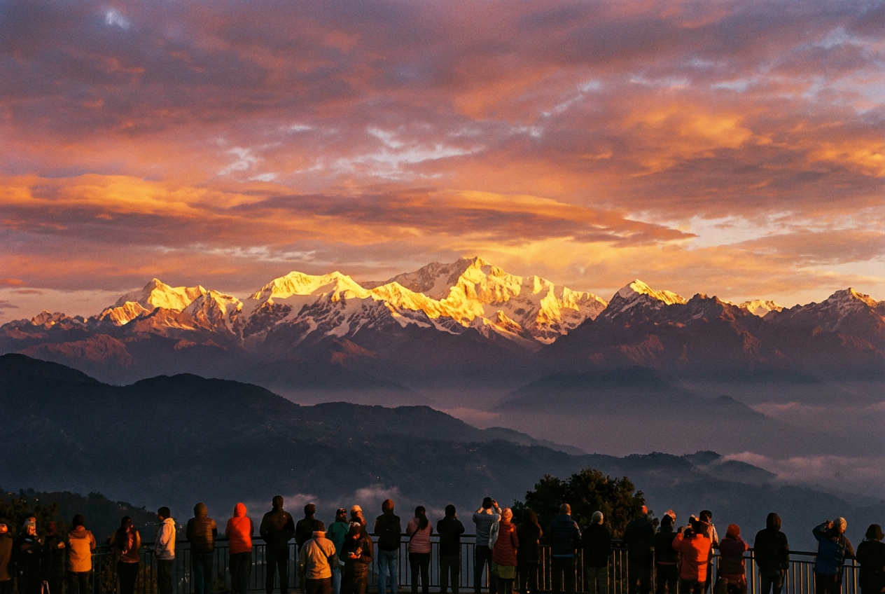 Tiger Hill Sonnenaufgang: Goldenes Morgenlicht beleuchtet den Kanchenjunga, den dritthöchsten Berg der Welt