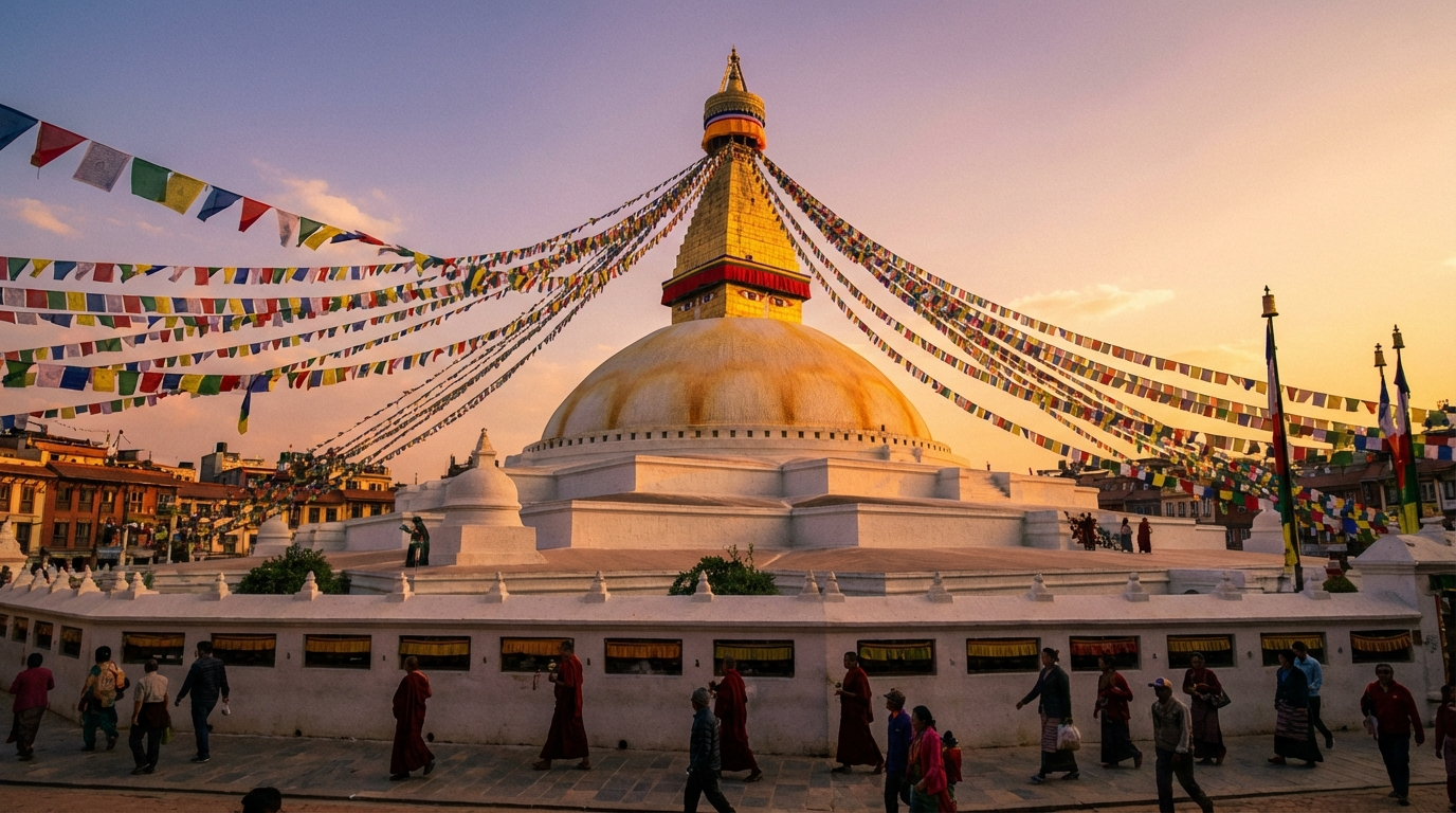 Die goldene Stupa von Boudhanath in Kathmandu bei Sonnenuntergang, umgeben von Gebetsfahnen und buddhistischen Pilgern, die im Uhrzeigersinn um die Stupa gehen
