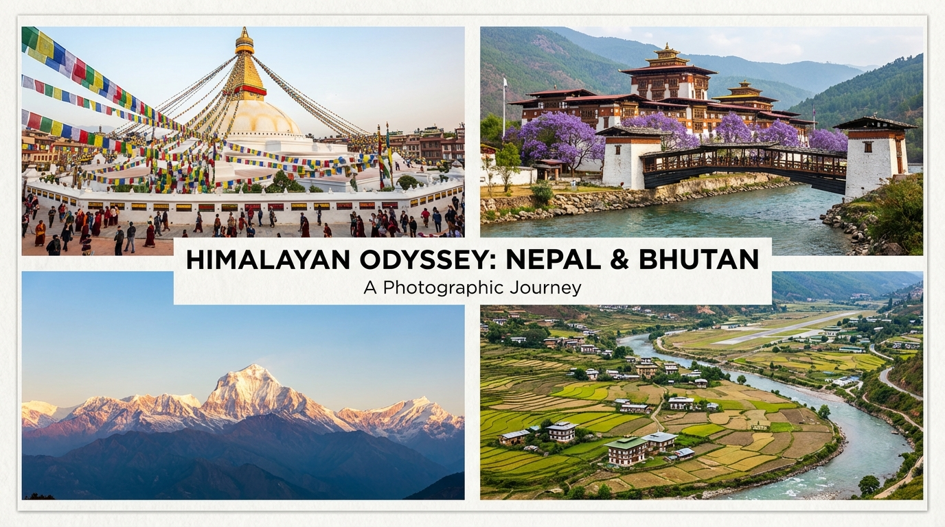 Collage mit vier Bildern: Boudhanath-Stupa in Kathmandu, Punakha Dzong in Bhutan, Annapurna-Bergpanorama, und das Paro-Tal von oben