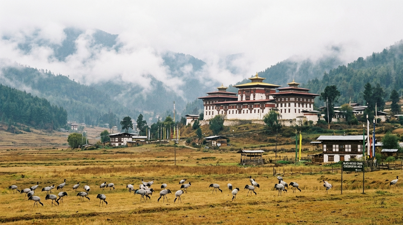 Das weite Phobjikha-Tal mit Schwarzhalskranichen auf den Feldern vor dem Gangtey Kloster