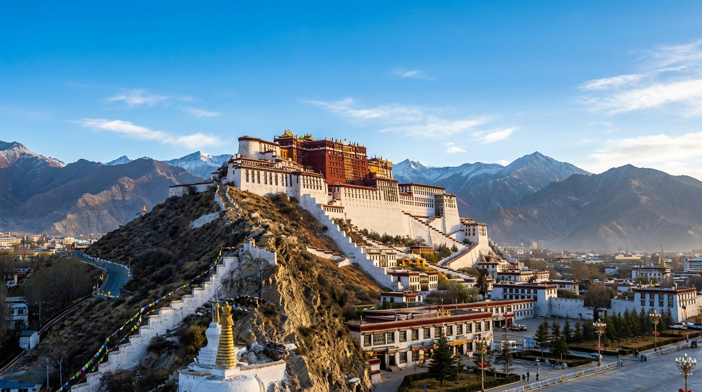 Der Potala-Palast in Lhasa, Tibet, auf einem Hügel über der Stadt thronend