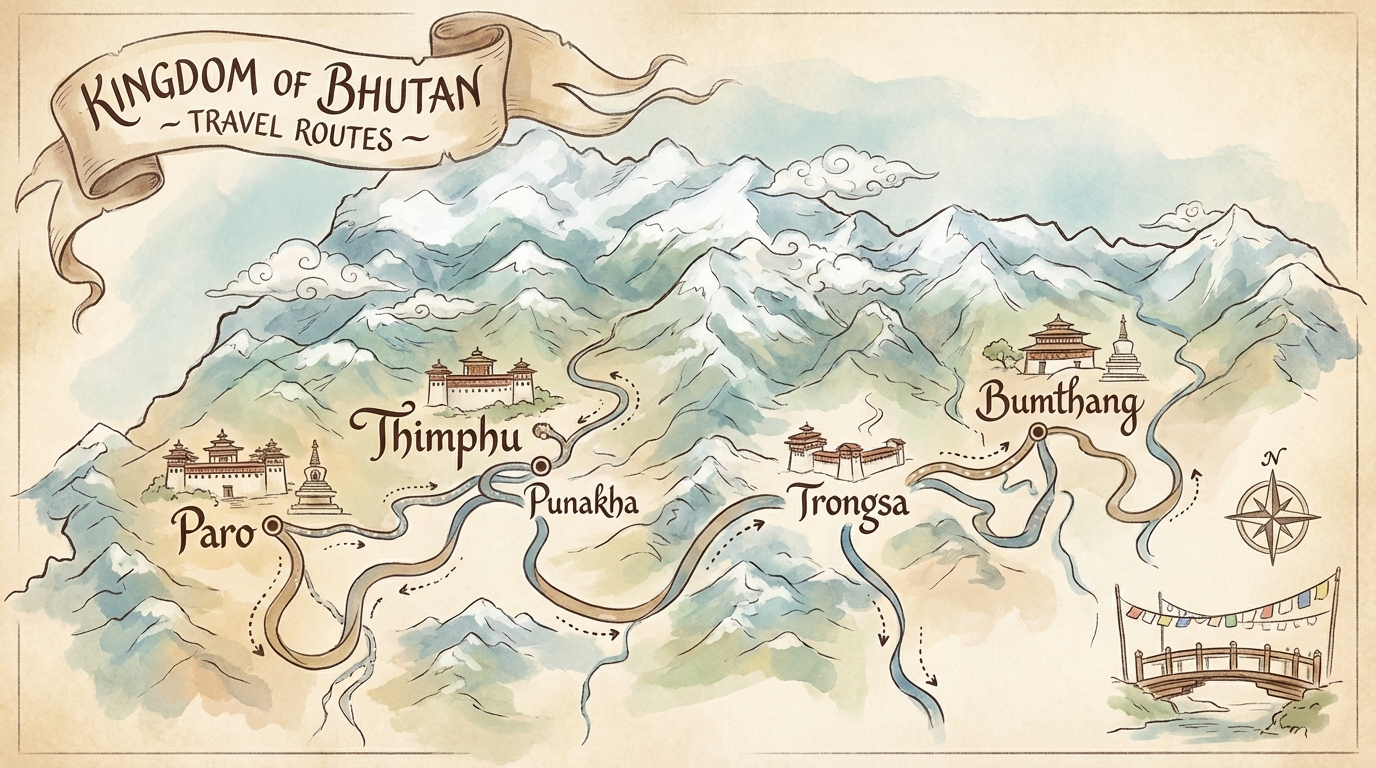 Stilisierte Karte Bhutans mit eingezeichneten Hauptorten (Paro, Thimphu, Punakha, Bumthang, Trongsa) und Verbindungsstraßen – Übersicht der Fahrtrouten