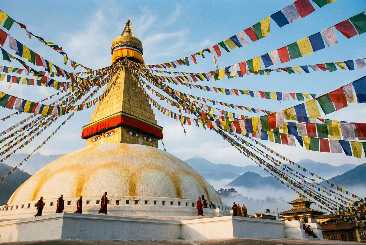 Boudhanath Stupa in Kathmandu mit Gebetsfahnen und im Hintergrund angedeutete bhutanische Berglandschaft